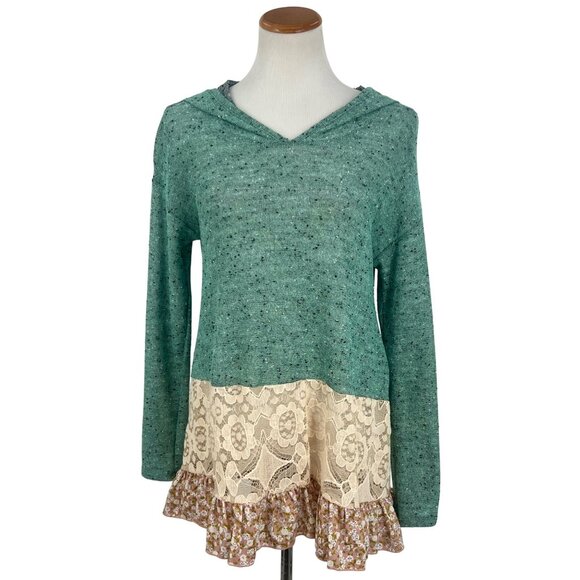 NWOT Boutique Hooded Ruffle Hem Mint Marled Knit Tunic Mini Dress - Picture 15 of 16
